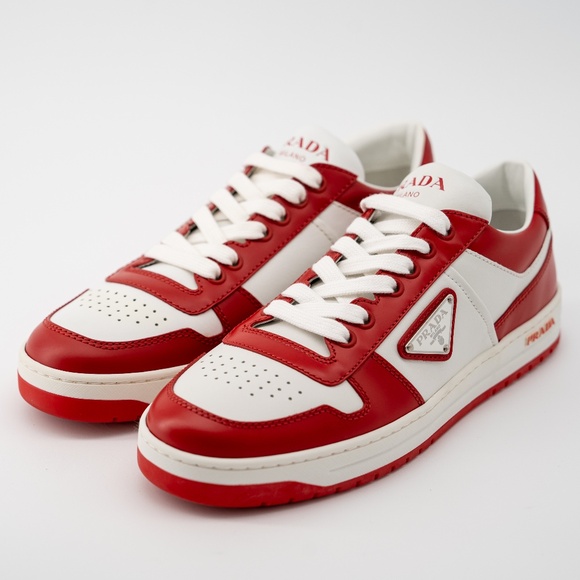 Size 39.5 EU / 9.5 US Prada Downtown Leather Red White Sneakers - Picture 1 of 11